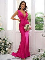 NumberSea - Bridesmaid Dresses Sexy Mermaid V Neck Backless Ruched