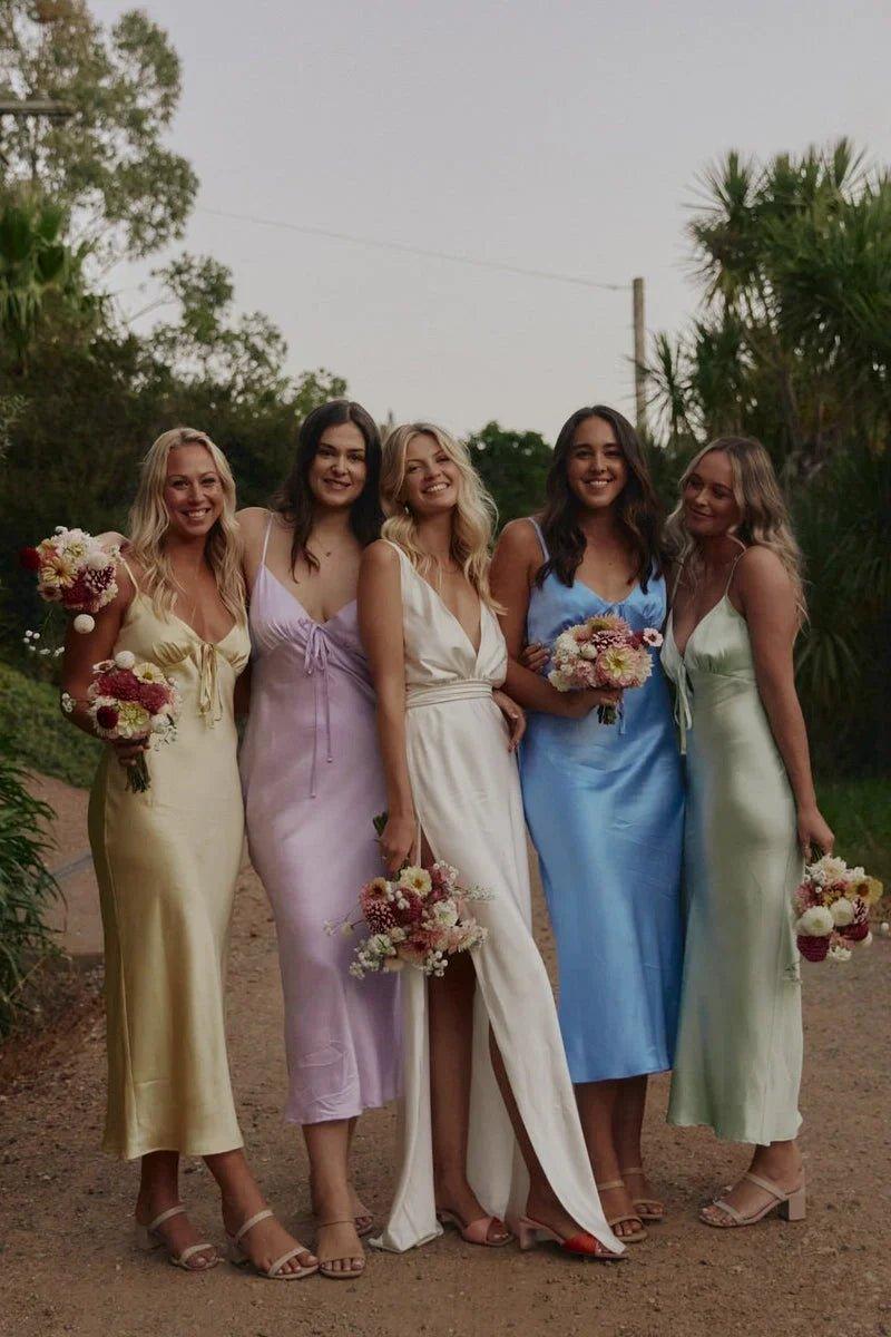 NumberSea - Bridesmaid Dresses Sheath Silk Satin V Neck Ankle Length with Straps