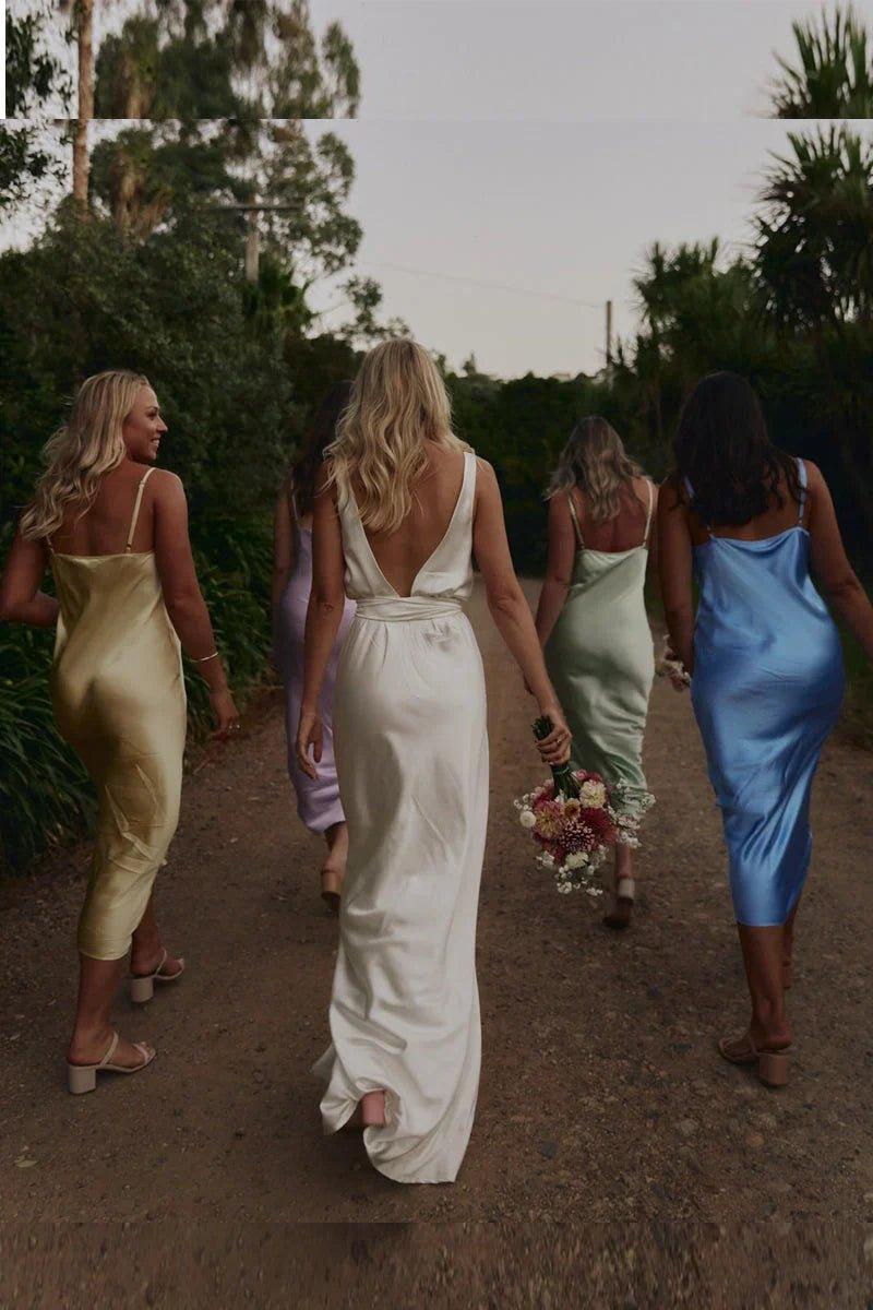 NumberSea - Bridesmaid Dresses Sheath Silk Satin V Neck Ankle Length with Straps
