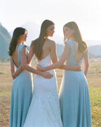 NumberSea - Bridesmaid Dresses Simple A Line Chiffon V Neck Blue Sleeveless Long