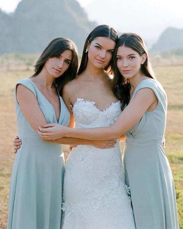 NumberSea - Bridesmaid Dresses Simple A Line Chiffon V Neck Blue Sleeveless Long