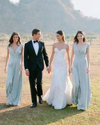 NumberSea - Bridesmaid Dresses Simple A Line Chiffon V Neck Blue Sleeveless Long