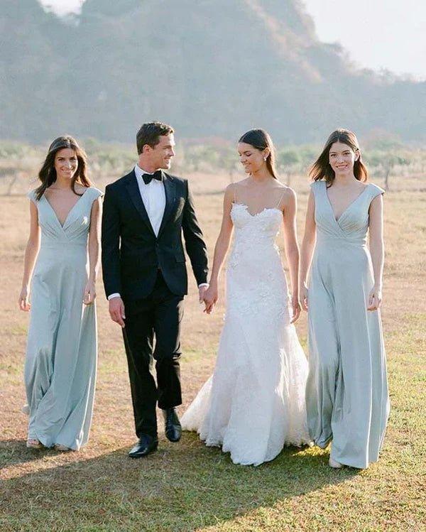 NumberSea - Bridesmaid Dresses Simple A Line Chiffon V Neck Blue Sleeveless Long