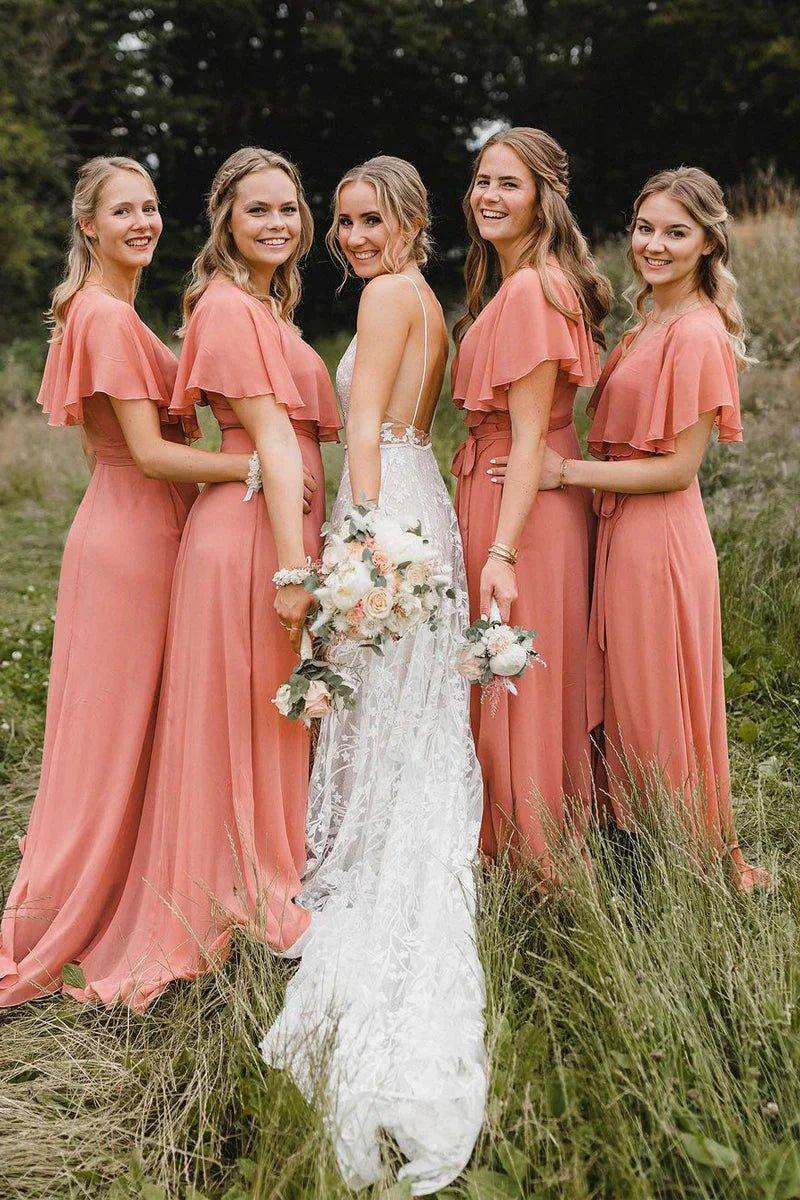 NumberSea - Bridesmaid Dresses Simple A - Line Coral Chiffon Long