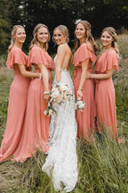 NumberSea - Bridesmaid Dresses Simple A - Line Coral Chiffon Long