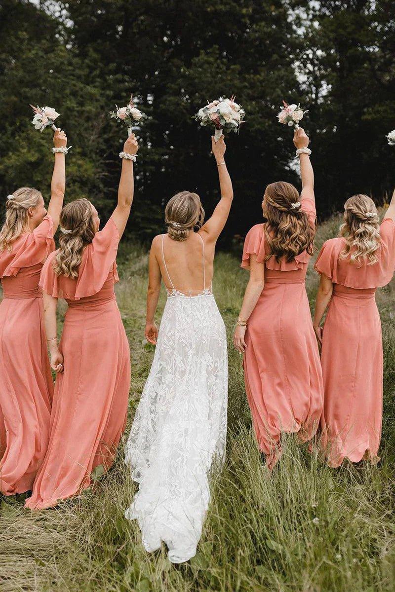 NumberSea - Bridesmaid Dresses Simple A - Line Coral Chiffon Long