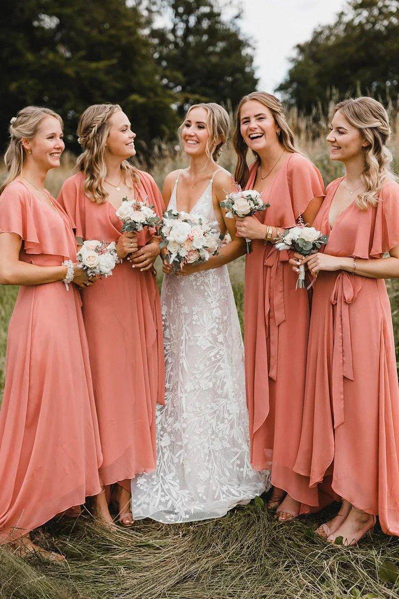 NumberSea - Bridesmaid Dresses Simple A - Line Coral Chiffon Long