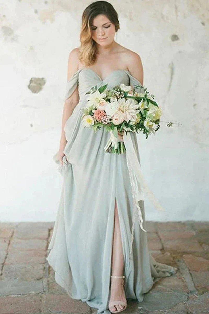 NumberSea - Bridesmaid Dresses Simple A - Line Off the Shoulder Chiffon Long with Split
