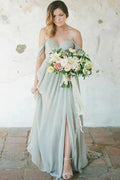 NumberSea - Bridesmaid Dresses Simple A - Line Off the Shoulder Chiffon Long with Split