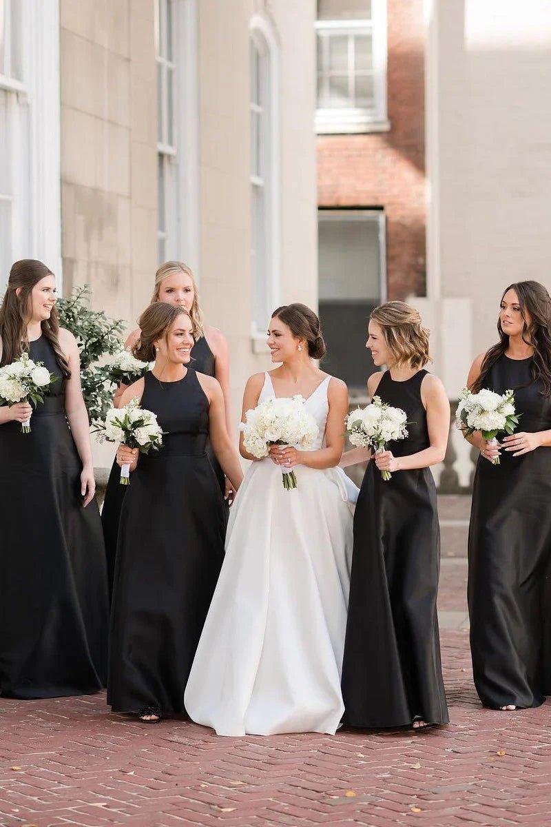 NumberSea - Bridesmaid Dresses Simple A - Line Round Neck Satin Long
