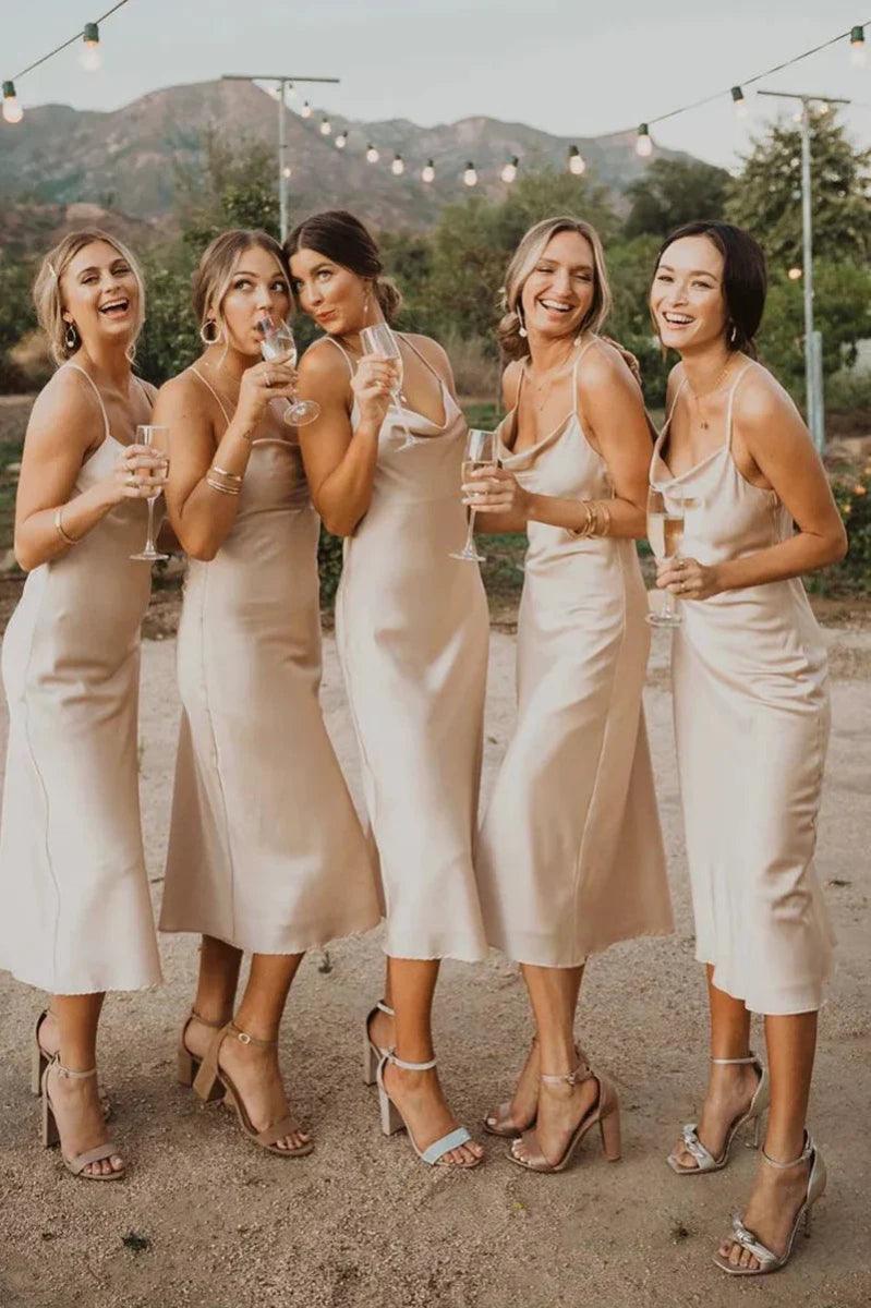 NumberSea - Bridesmaid Dresses Simple Spaghetti Straps Silk Satin Open Back
