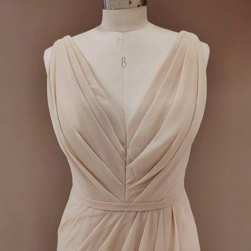 NumberSea - Bridesmaid Dresses Simple V Neck Sleeveless Sheath Pleated Long With Slit