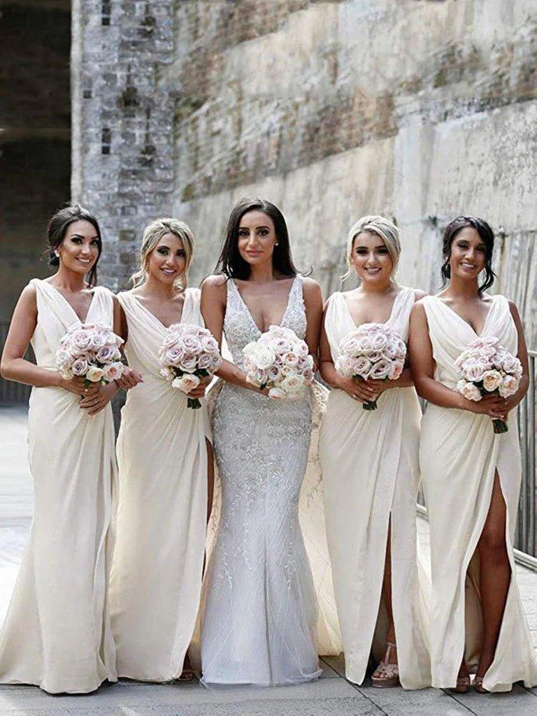 NumberSea - Bridesmaid Dresses Simple V Neck Sleeveless Sheath Pleated Long With Slit