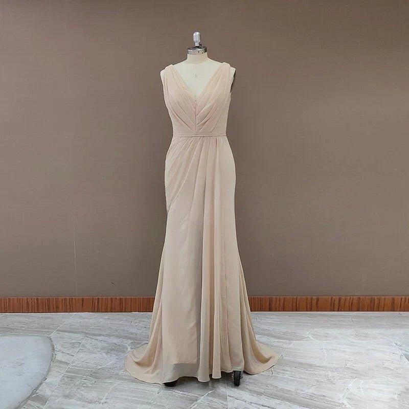 NumberSea - Bridesmaid Dresses Simple V Neck Sleeveless Sheath Pleated Long With Slit