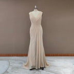 NumberSea - Bridesmaid Dresses Simple V Neck Sleeveless Sheath Pleated Long With Slit