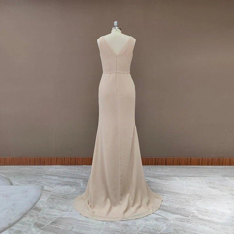 NumberSea - Bridesmaid Dresses Simple V Neck Sleeveless Sheath Pleated Long With Slit
