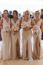 NumberSea - Bridesmaid Dresses Simple V Neck Sleeveless Sheath Pleated Long With Slit