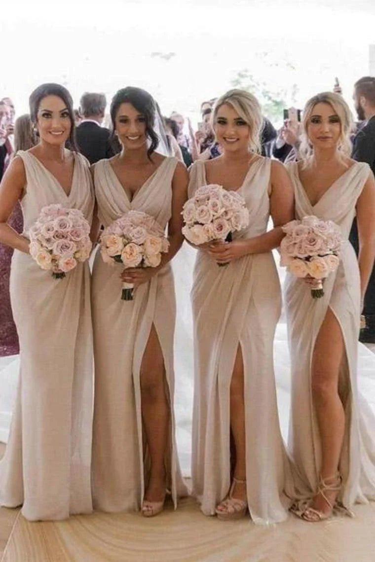 NumberSea - Bridesmaid Dresses Simple V Neck Sleeveless Sheath Pleated Long With Slit