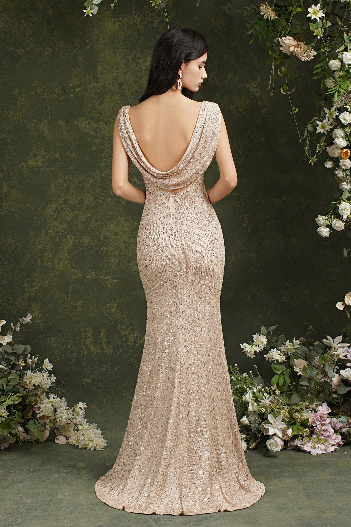 Brillantes rückenfreies Meerjungfrau-Brautjungfern-/Ballkleid mit U-Ausschnitt und Pailletten und Seitenschlitz