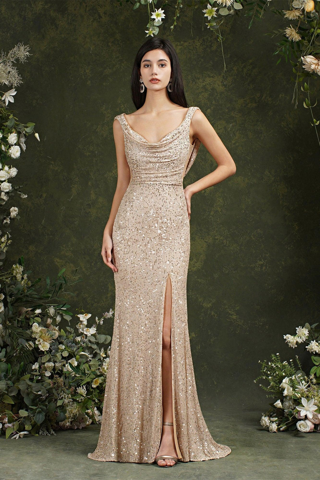 Brillantes rückenfreies Meerjungfrau-Brautjungfern-/Ballkleid mit U-Ausschnitt und Pailletten und Seitenschlitz