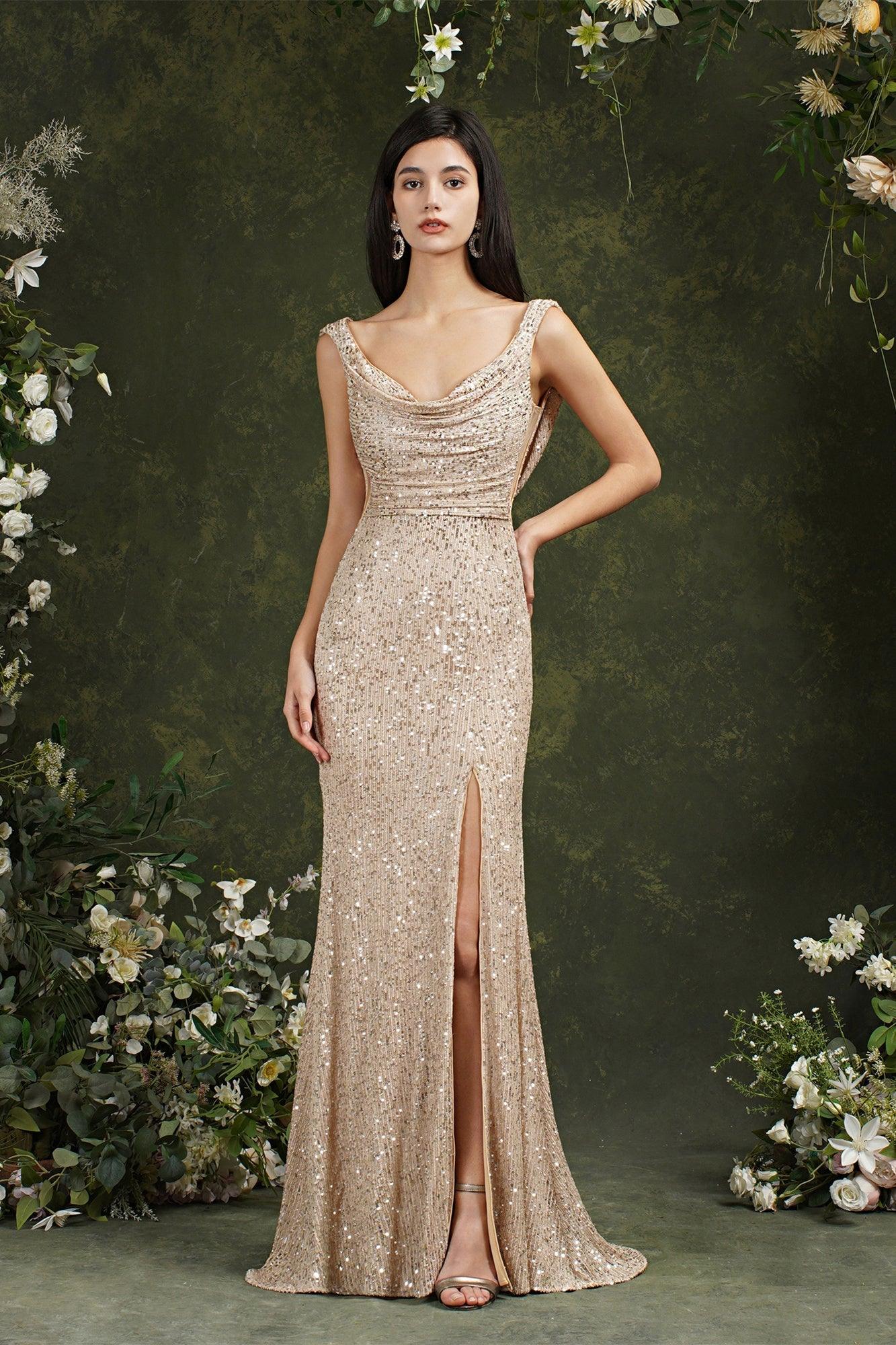Brillantes rückenfreies Meerjungfrau-Brautjungfern-/Ballkleid mit U-Ausschnitt und Pailletten und Seitenschlitz