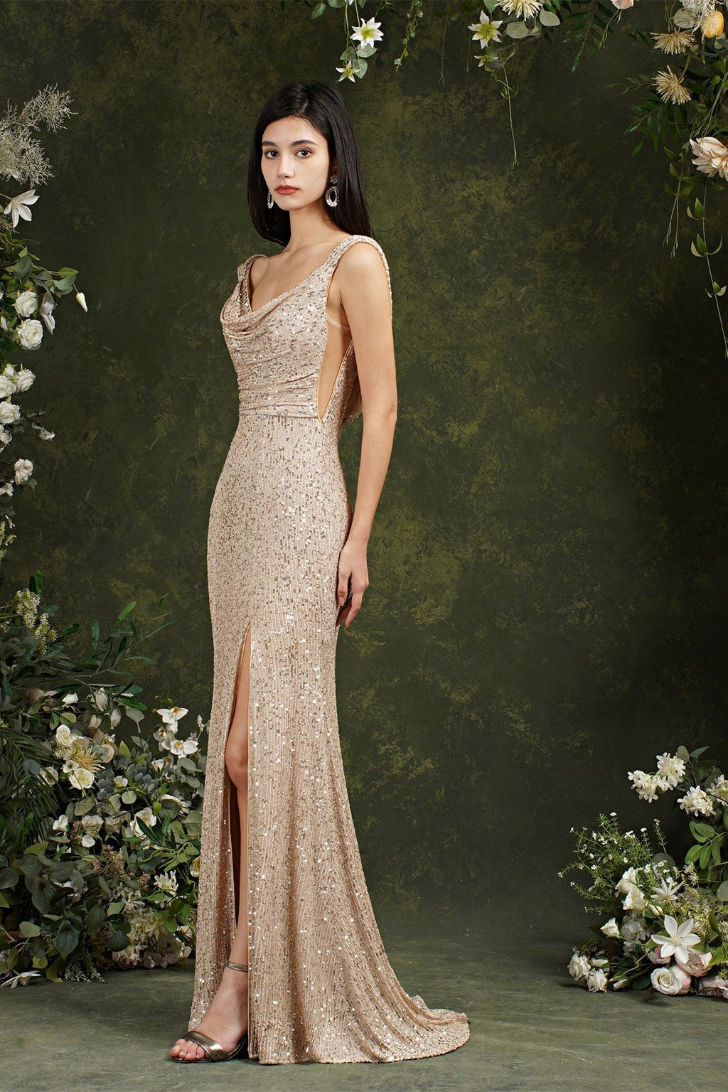 Brillantes rückenfreies Meerjungfrau-Brautjungfern-/Ballkleid mit U-Ausschnitt und Pailletten und Seitenschlitz