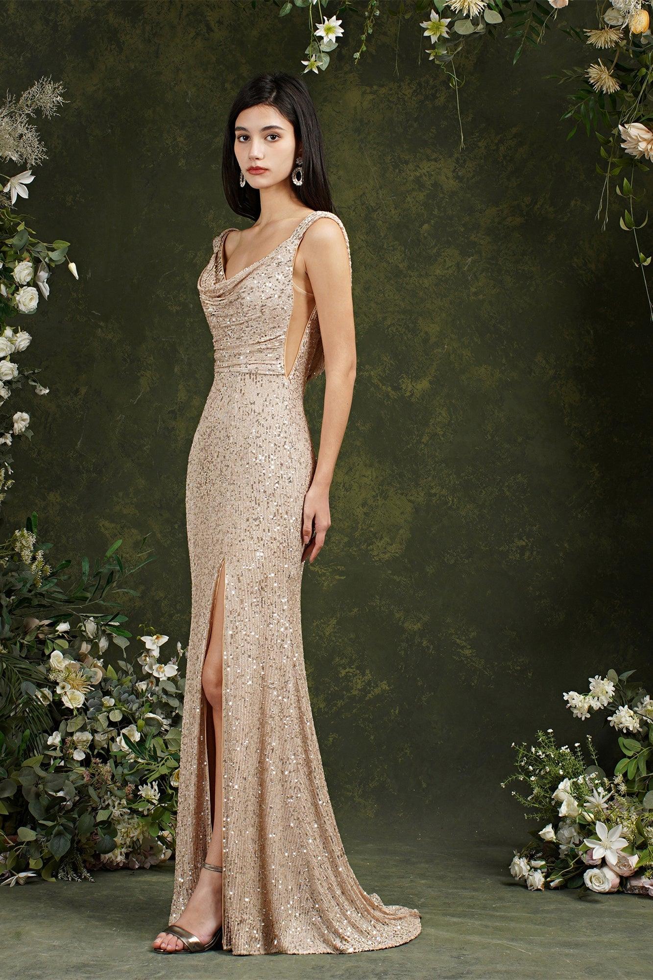 Brillantes rückenfreies Meerjungfrau-Brautjungfern-/Ballkleid mit U-Ausschnitt und Pailletten und Seitenschlitz