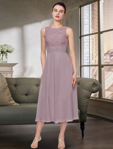 Two Piece Mother of the Bride Dress Wedding Guest Elegant Jewel Neck Tea Length Chiffon Lace Half Sleeve with Solid Color