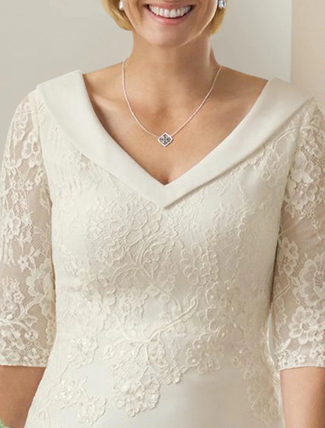 Vestidos de novia de otoño, modestos y maduros, corte tubo/columna, escote en V, media manga, largo hasta el suelo, de gasa, con apliques, color liso