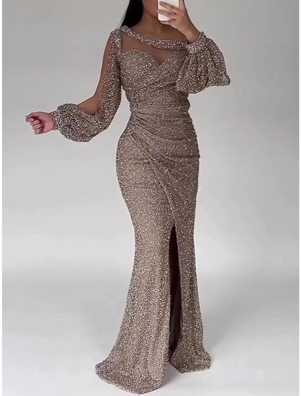 Meerjungfrauenkleid, Abendkleid, Weihnachten, Rot, Grün, Formales Kleid, Sweep/Pinselzug, Langarm, Rundhalsausschnitt, Pailletten mit Glitzer, gerüschtem Schlitz