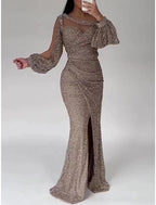 Meerjungfrauenkleid, Abendkleid, Weihnachten, Rot, Grün, Formales Kleid, Sweep/Pinselzug, Langarm, Rundhalsausschnitt, Pailletten mit Glitzer, gerüschtem Schlitz