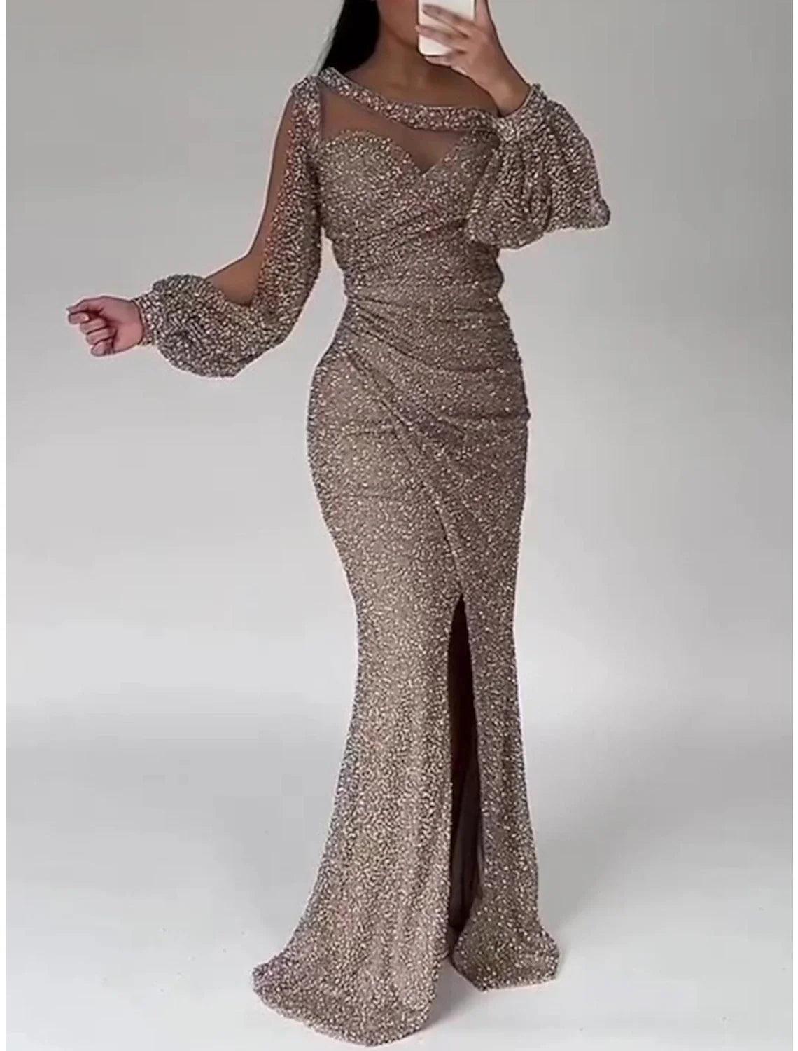 Meerjungfrauenkleid, Abendkleid, Weihnachten, Rot, Grün, Formales Kleid, Sweep/Pinselzug, Langarm, Rundhalsausschnitt, Pailletten mit Glitzer, gerüschtem Schlitz