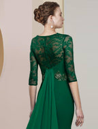 Sheath / Column Mother of the Bride Dress Formal Wedding Guest Elegant Scoop Neck Floor Length Chiffon Lace Half Sleeve with Appliques