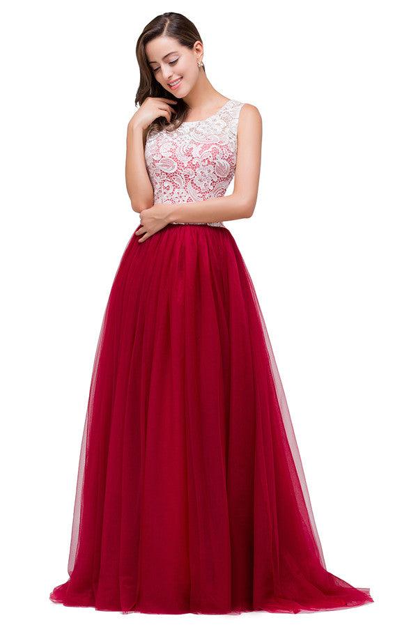 Burgunderrotes A-Linien-Brautjungfernkleid aus Chiffon mit Rundhalsausschnitt und Spitze