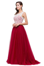 Burgunderrotes A-Linien-Brautjungfernkleid aus Chiffon mit Rundhalsausschnitt und Spitze