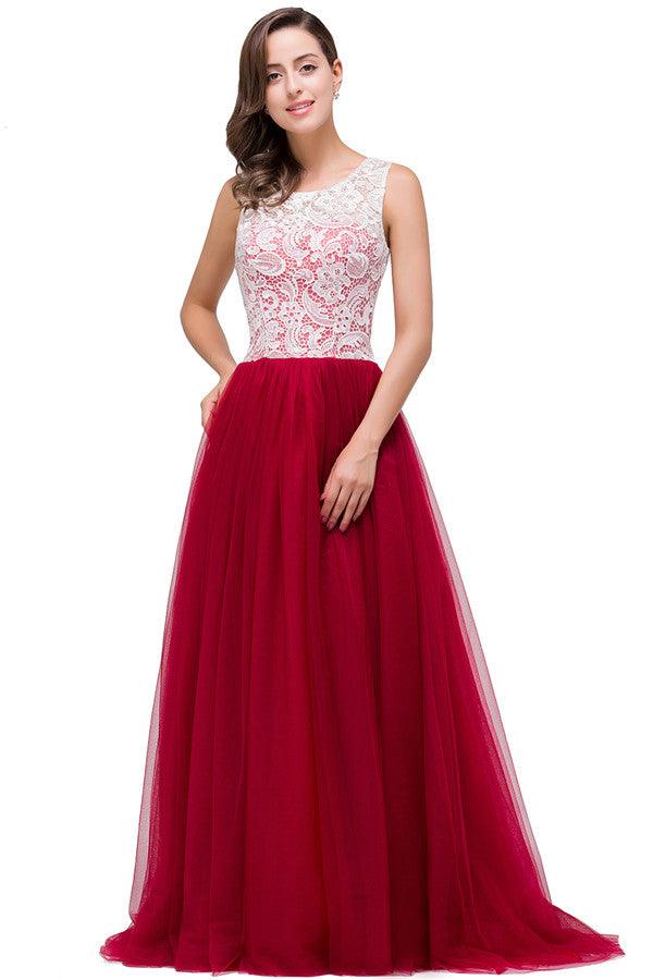 Burgunderrotes A-Linien-Brautjungfernkleid aus Chiffon mit Rundhalsausschnitt und Spitze
