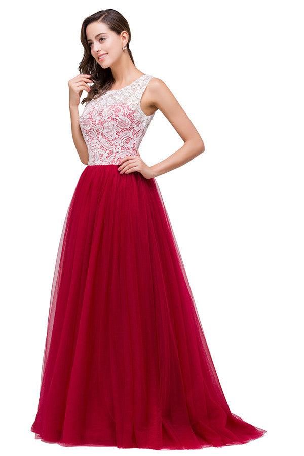 Burgunderrotes A-Linien-Brautjungfernkleid aus Chiffon mit Rundhalsausschnitt und Spitze