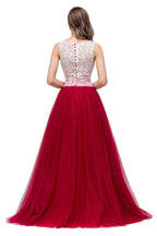 Burgunderrotes A-Linien-Brautjungfernkleid aus Chiffon mit Rundhalsausschnitt und Spitze