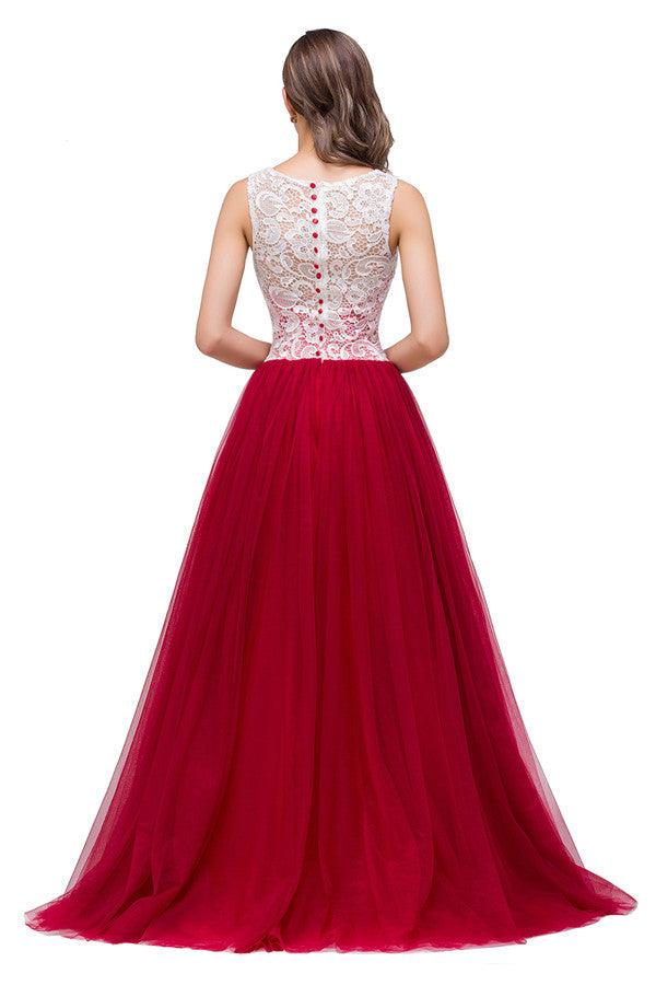 Burgunderrotes A-Linien-Brautjungfernkleid aus Chiffon mit Rundhalsausschnitt und Spitze