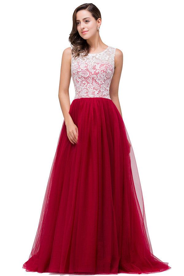 Burgunderrotes A-Linien-Brautjungfernkleid aus Chiffon mit Rundhalsausschnitt und Spitze