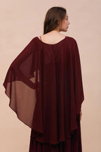 Burgunderrotes Brautjungfernkleid mit Spaghettiträgern, bodenlanges Chiffonkleid für Hochzeitsgäste mit Cape-Überwurf auf der Rückseite