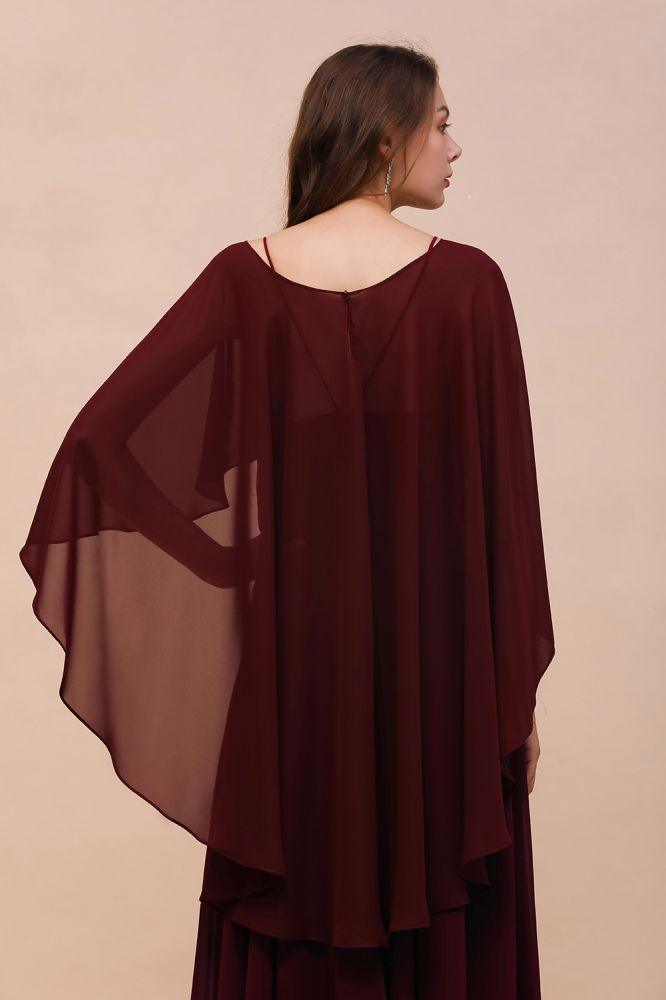 Burgunderrotes Brautjungfernkleid mit Spaghettiträgern, bodenlanges Chiffonkleid für Hochzeitsgäste mit Cape-Überwurf auf der Rückseite