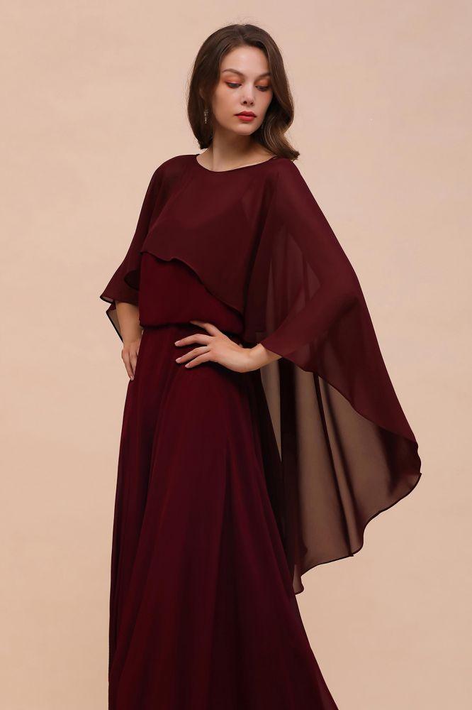 Burgunderrotes Brautjungfernkleid mit Spaghettiträgern, bodenlanges Chiffonkleid für Hochzeitsgäste mit Cape-Überwurf auf der Rückseite