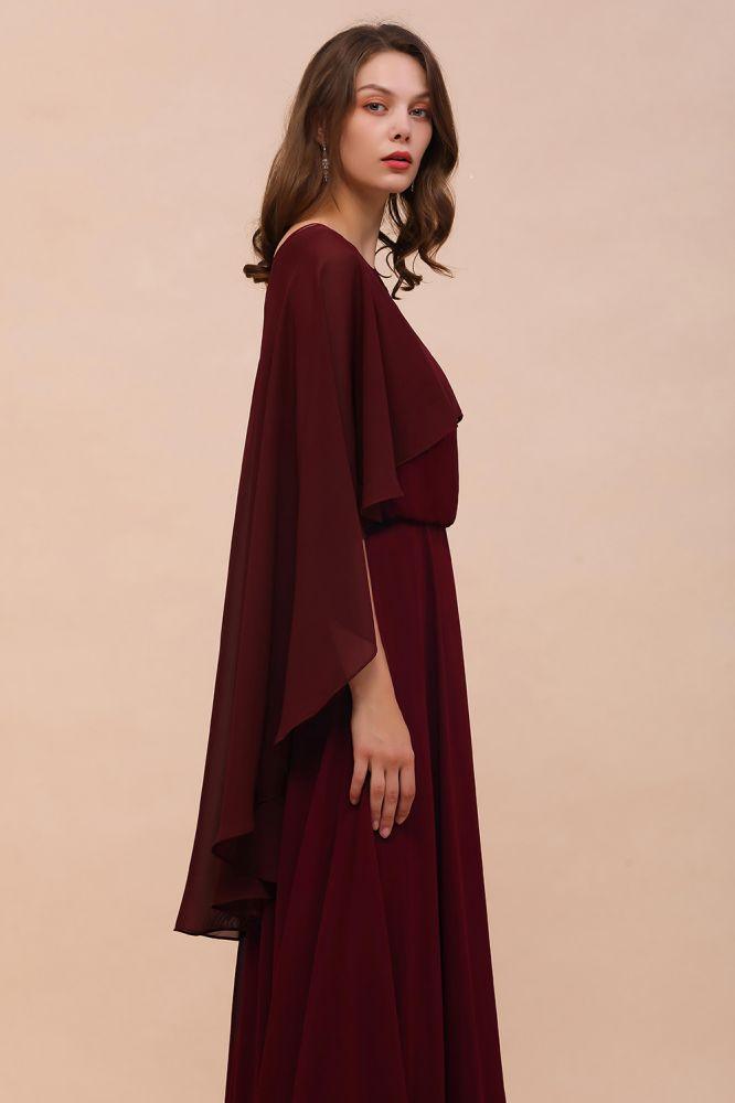 Burgunderrotes Brautjungfernkleid mit Spaghettiträgern, bodenlanges Chiffonkleid für Hochzeitsgäste mit Cape-Überwurf auf der Rückseite