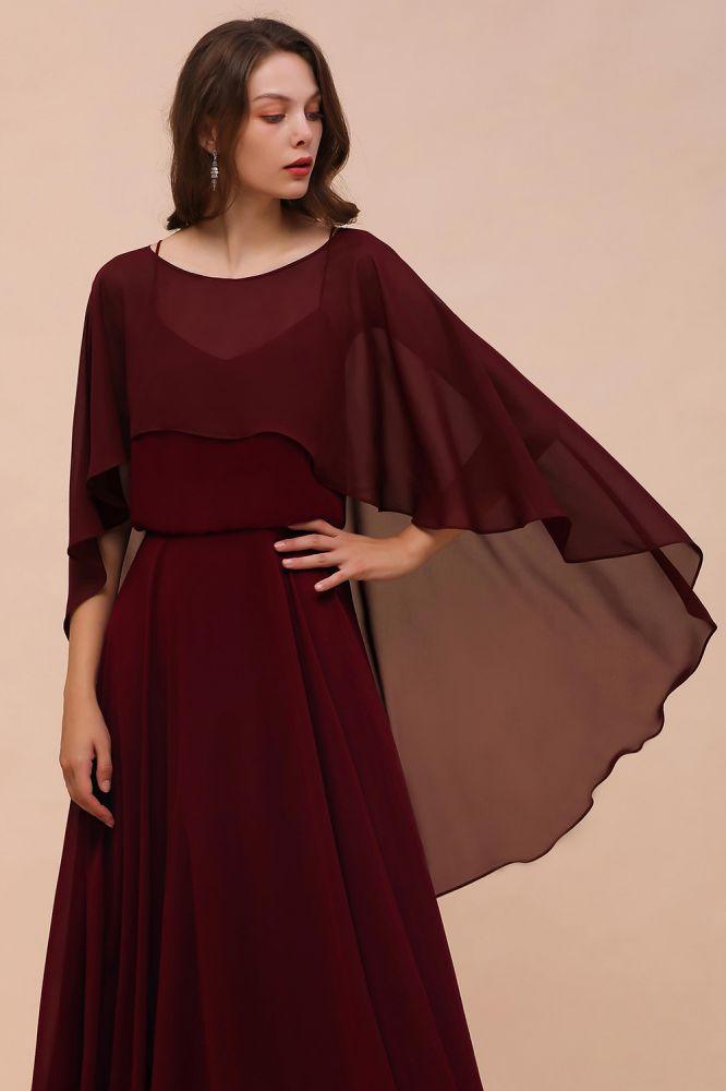 Burgunderrotes Brautjungfernkleid mit Spaghettiträgern, bodenlanges Chiffonkleid für Hochzeitsgäste mit Cape-Überwurf auf der Rückseite