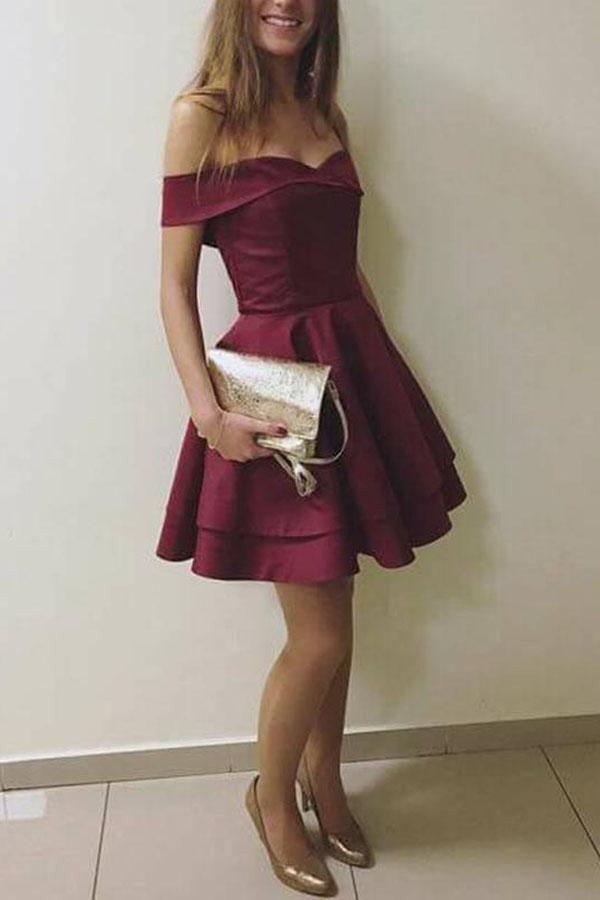 Burgundy Elegant Off the Shoulder Short Graduation Dress Homecoming Dress