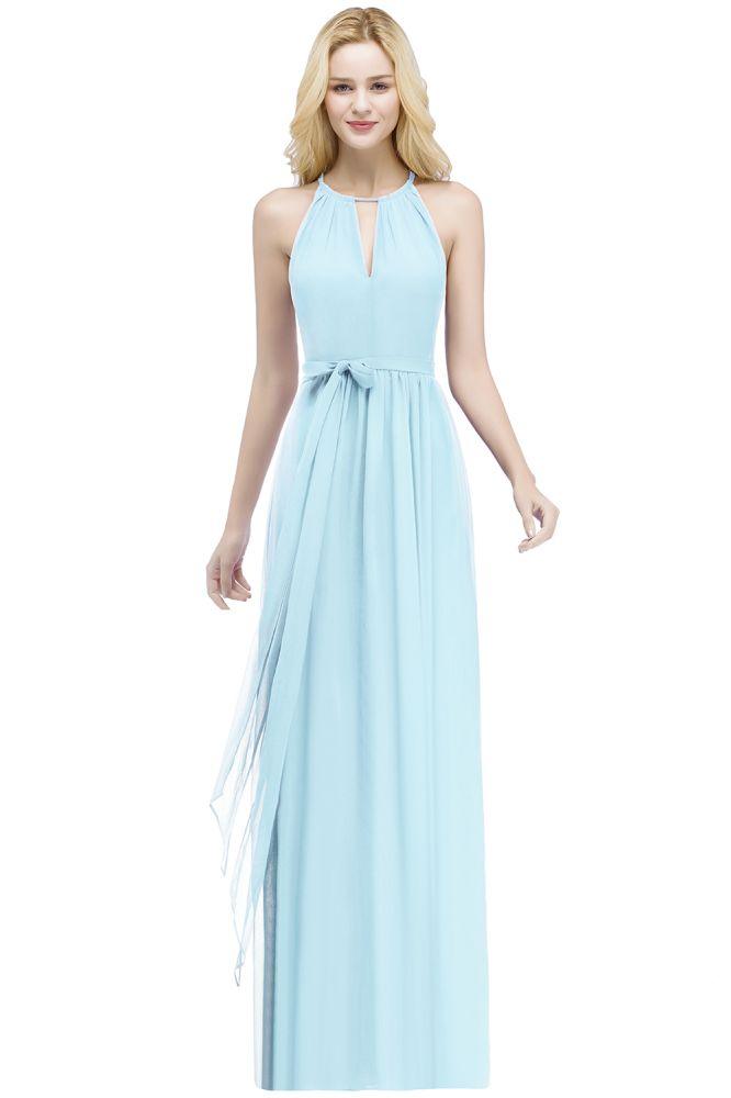 Burgundy Halter A-line Floor Length Bridesmaid Dresses with Bow Sash