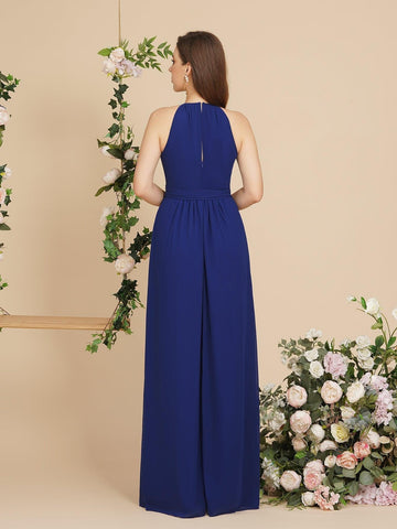 Burgundy Halter A-line Floor Length Bridesmaid Dresses with Bow Sash