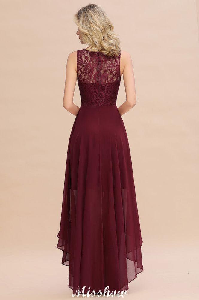 Burgunderrotes Hi-Lo Abendkleid mit ärmellosem Spitzenkleid für Brautjungfern
