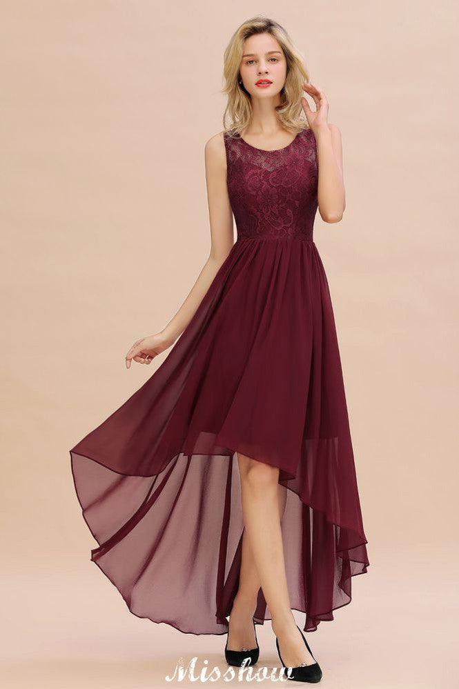 Burgunderrotes Hi-Lo Abendkleid mit ärmellosem Spitzenkleid für Brautjungfern